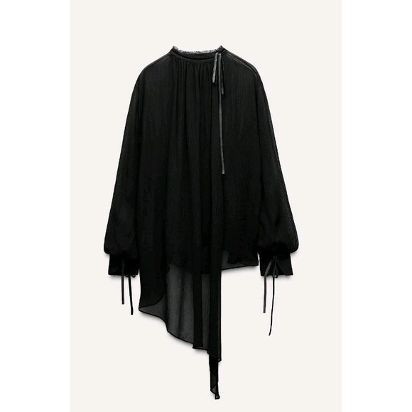 Zara Sheer Multi-Position Long Sleeve Tie Neck Blouse Black Size M NWT - Picture 12 of 14
